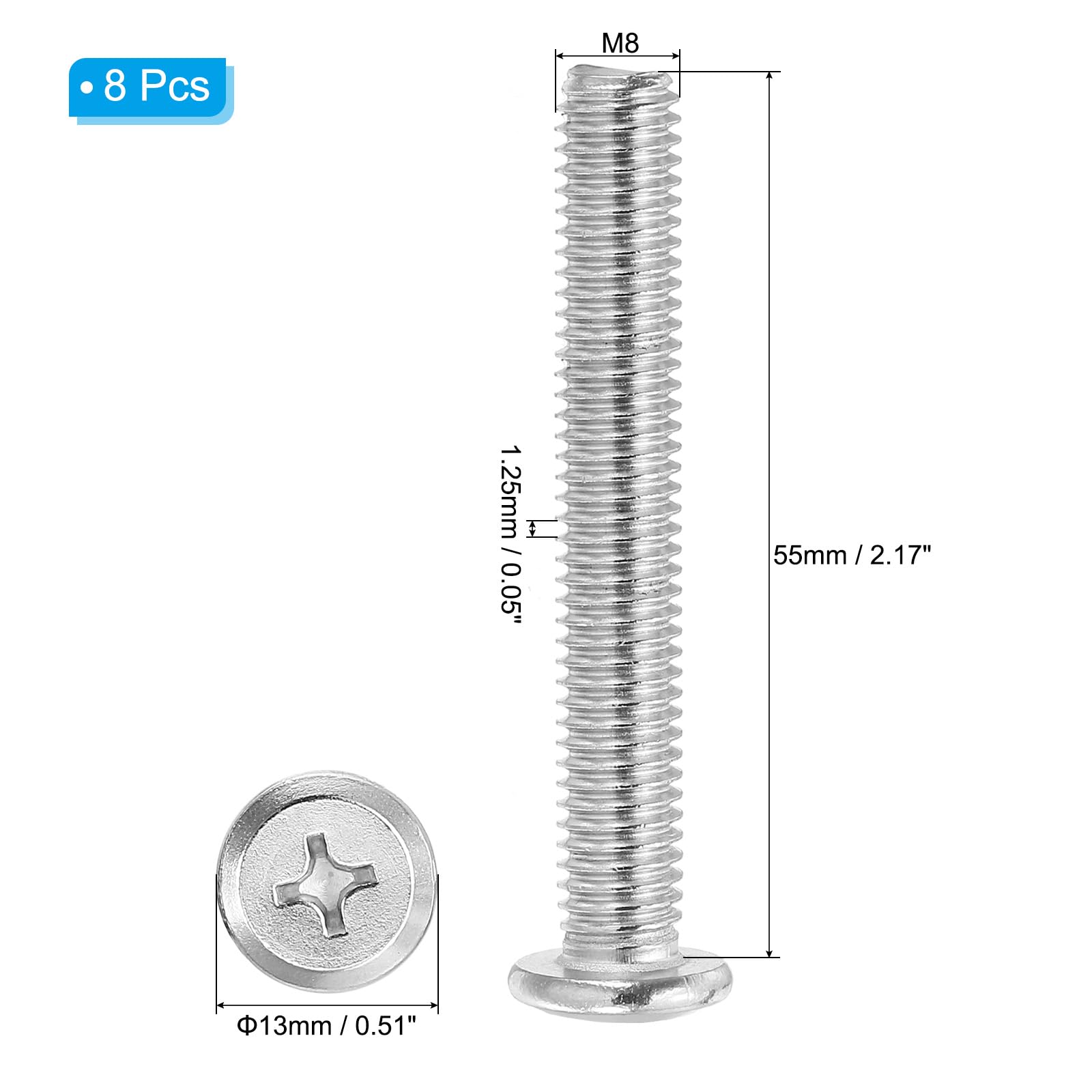 PATIKIL Flat Round Head Phillips Screws, 8 Pack M8-1.25 x 55mm Binding Screws 304 Stainless Steel 18-8 Full Thread - Image 2