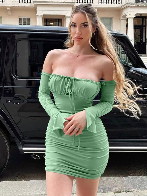 Haibang Robe Moulante à Manches Longues pour Femmes Mini Robe de Soirée Sexy Épaules Dénudées Robe Élégante Robe Courte Bodycon Dress Chic Et Glamour pour Soirée Cocktail Party Fête Clubbin Bal