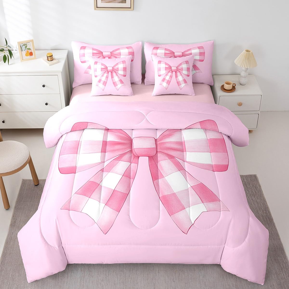 Erosebridal Cute Kawaii Bowknot Bedding Set Dreamy Princess Bow Bed in A Bag for Kids Girls Teen Women,Pink Ribbon Bow Queen Comforter Set 7 Piece Geometric Plaid Bowknot Sheet Set with Comforter