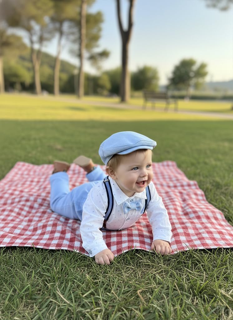 Volunboy Baby Boy Clothes Set Infant Gentleman Wedding Outfits Dress Romper Ring Bearer Beret Hat Suspenders Bowtie Suits - Image 3
