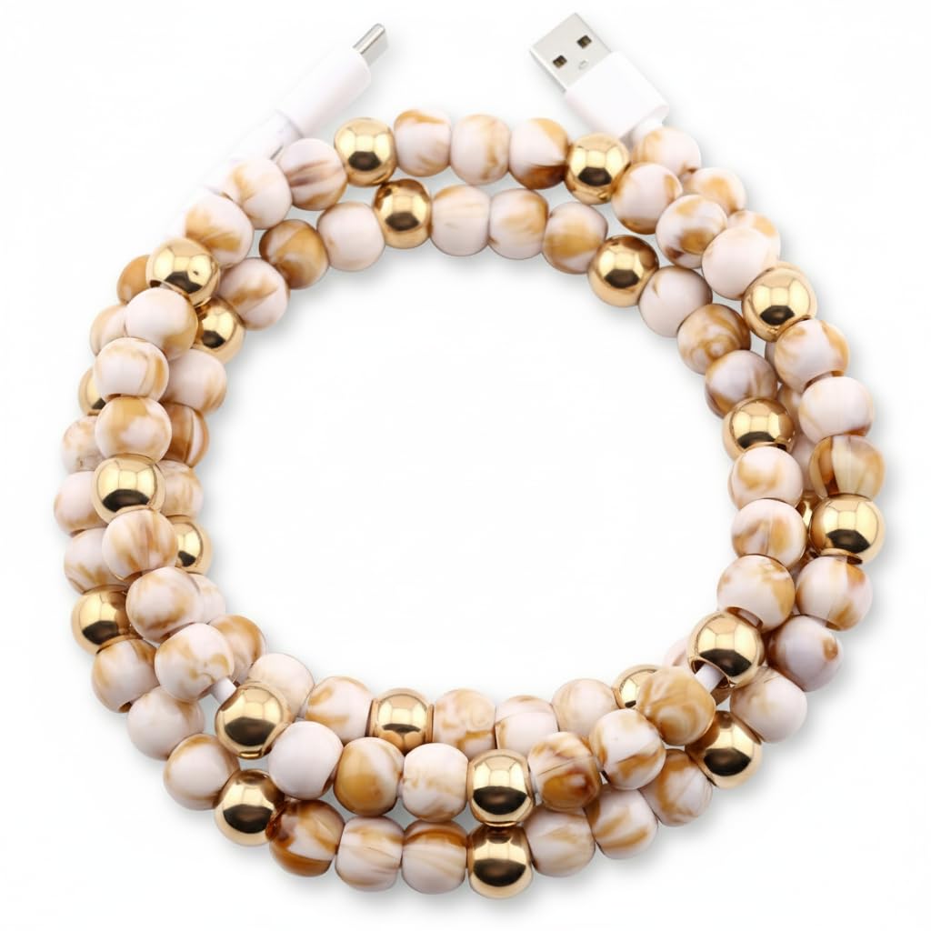 Elegant Beaded Phone Charger USB Cable Cute USB-C Charging Cable Colorful 3.3ft Cord for iPhone Smartphones (USB-A to USB-C, Marble & Gold)