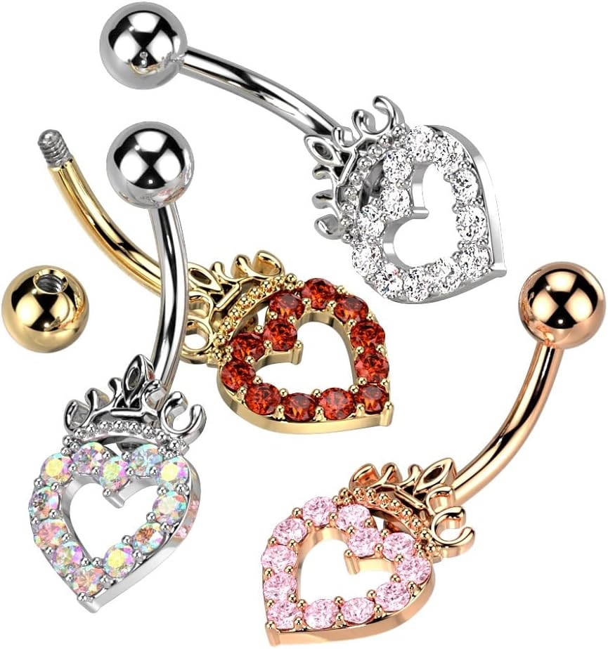 Pierced Owl 14GA 316L Stainless Steel CZ Crystal Paved Hollow Heart and Crown Belly Button Ring - Image 3