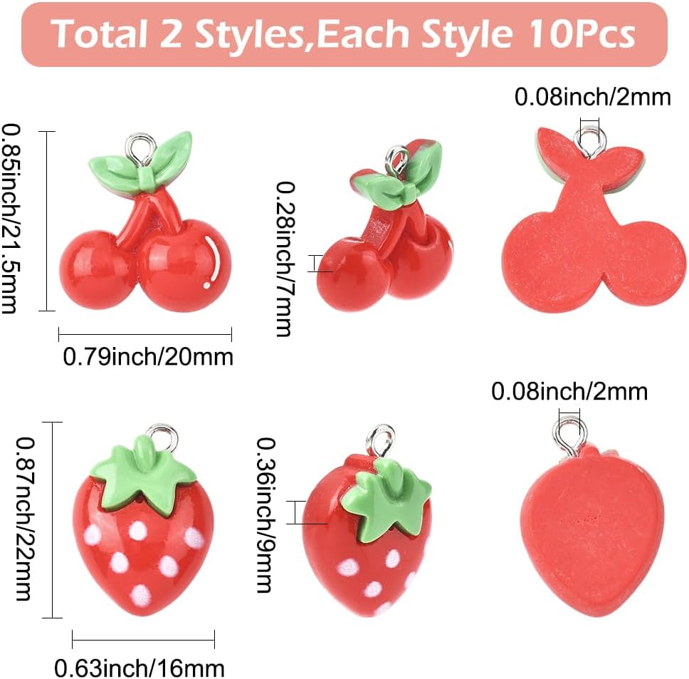 SUNNYCLUE 1 Box 20Pcs Resin Strawberry Charm Red Cherry Charms Bulk 3D Fruits with Iron Loop Strawberries Cherries Pendants for Jewelry Making Supplies Earrings Necklaces Bracelet Keychains DIY Crafts - Image 2