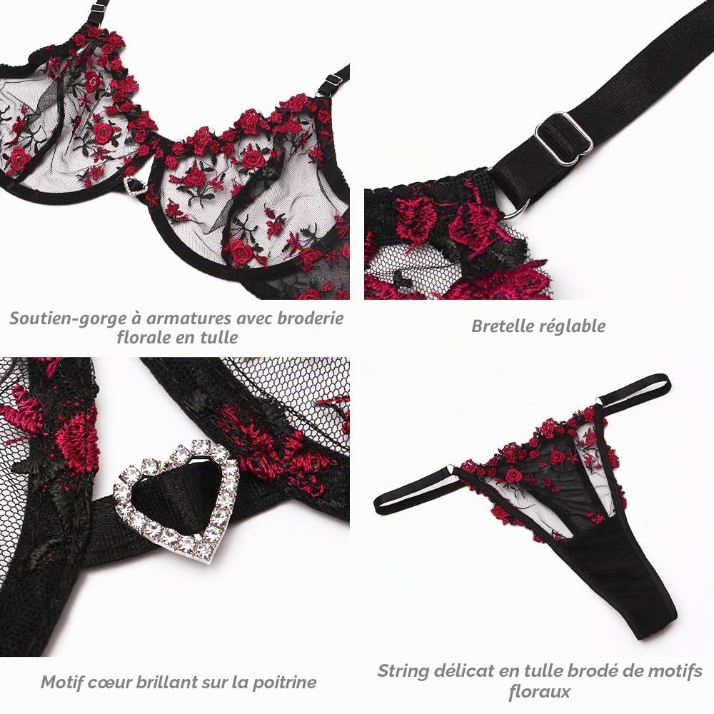 Femme 2 Pièces Ensemble Lingerie Broderie Florale Sexy Push Up Soutien Gorge avec Armature et Culotte Transparente Maille Grande Taille Érotique sous Vetements Dentelle Nuisette,S-XL