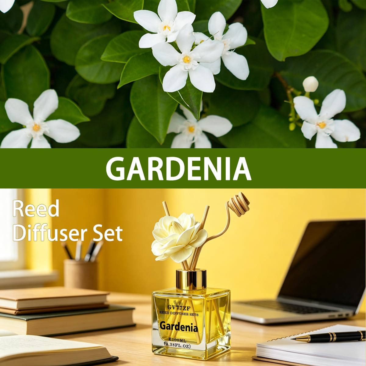 Gardenia Reed Diffuser Set 3.38oz (100ml) Office & Home Decor