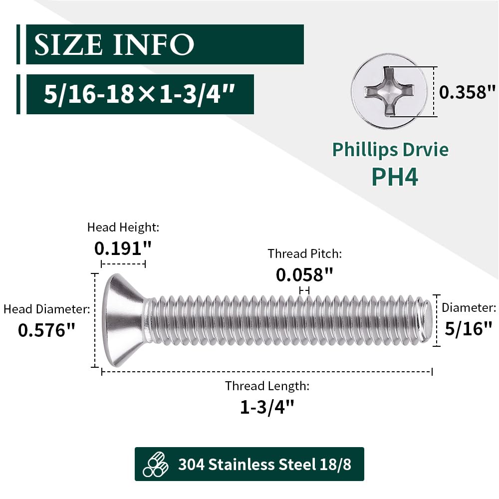 10-Pack 5/16-18 X 1-3/4\" Flat Head Machine Screws - 304 Stainless Steel, Phillips Drive, Coarse Thread UNC