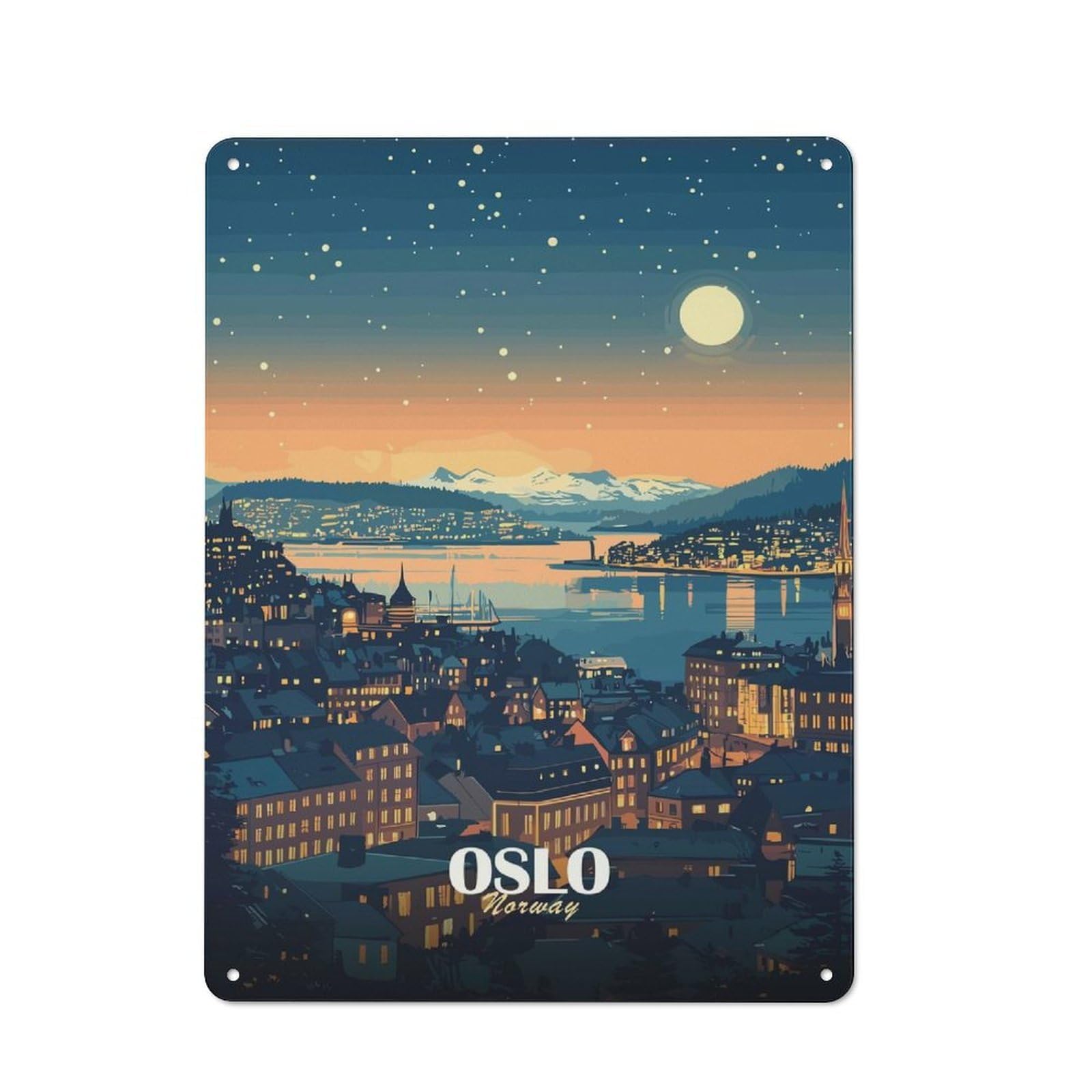 Junmoney Style-7 Oslo, Norway Cityscape At Night Vintage Metal Wall Decor 40X30cm, Vintage Metal Sign For Hallway, Home Bar, Garage Or Study