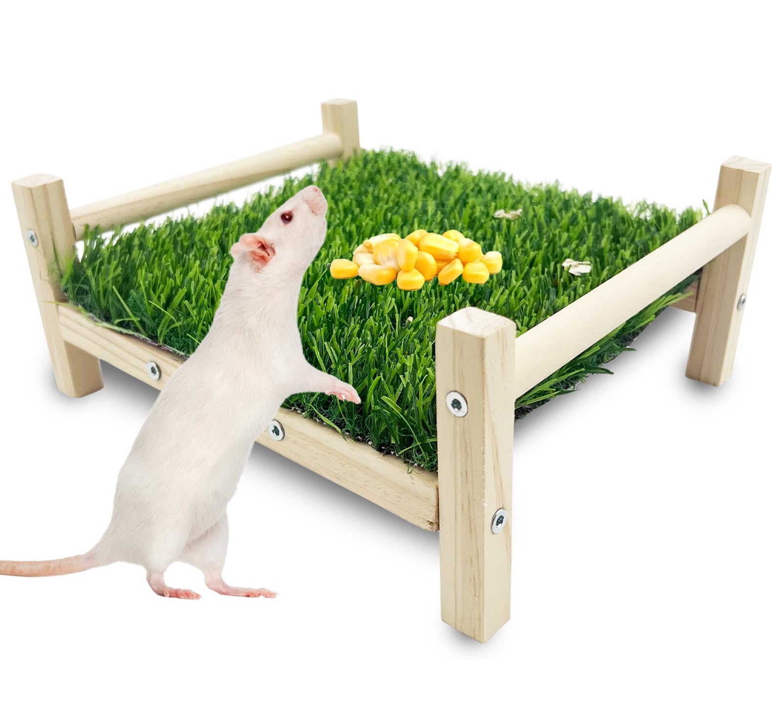 FlidRunest Wooden Rat Foraging Toys, Artificial Grass Foraging Mat for Rats, Safe Rats Enrichment Toys Activities, Boredom Relief Hanging Bed for Pet Rat