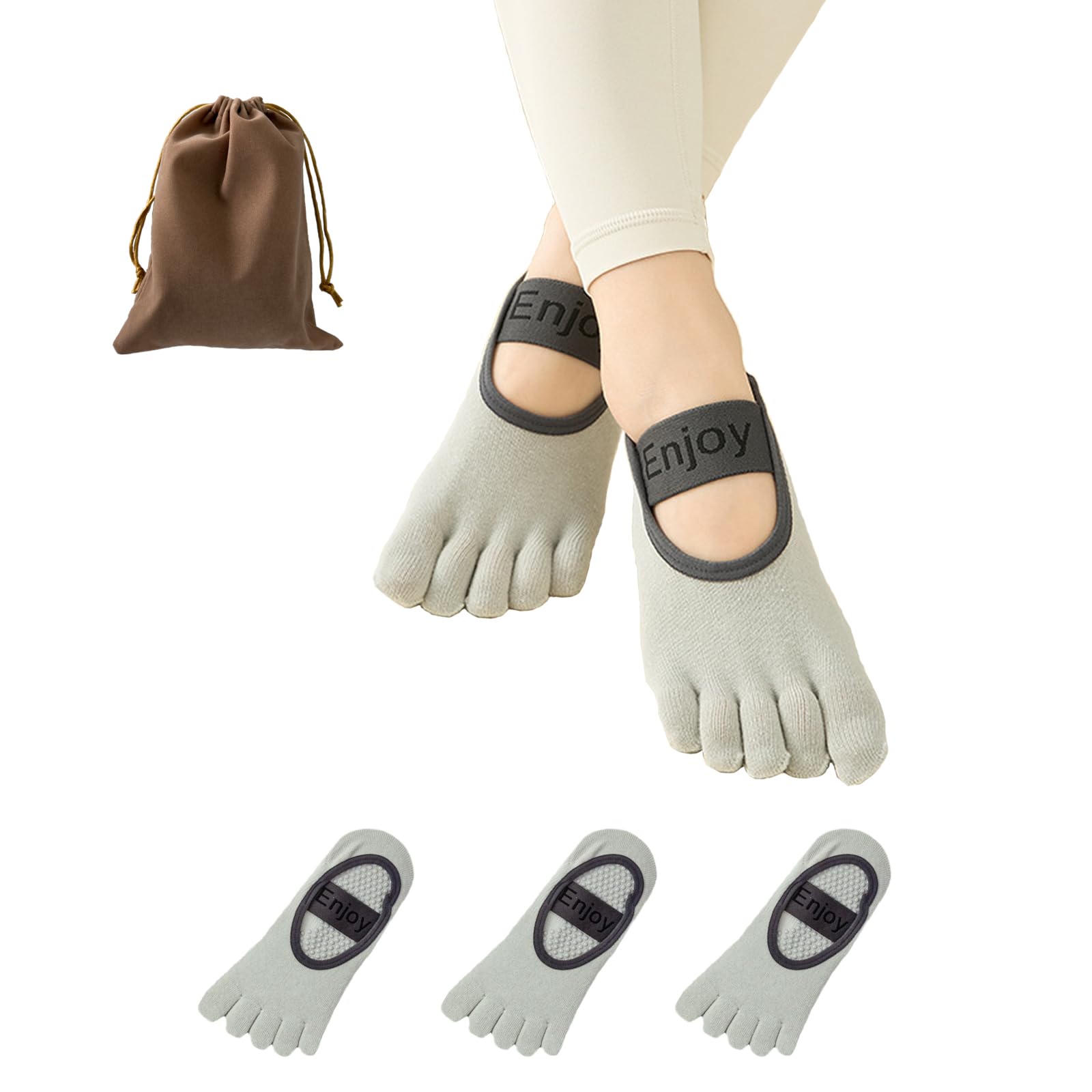 FONICY Non-Slip Yoga Socks for Women 3-Pack Anti-Skid Grip Soles Breathable Grippy socks for Yoga, Pilates, Barre & Home Workouts (US, Alpha, One Size, Regular, Regular, Grey)