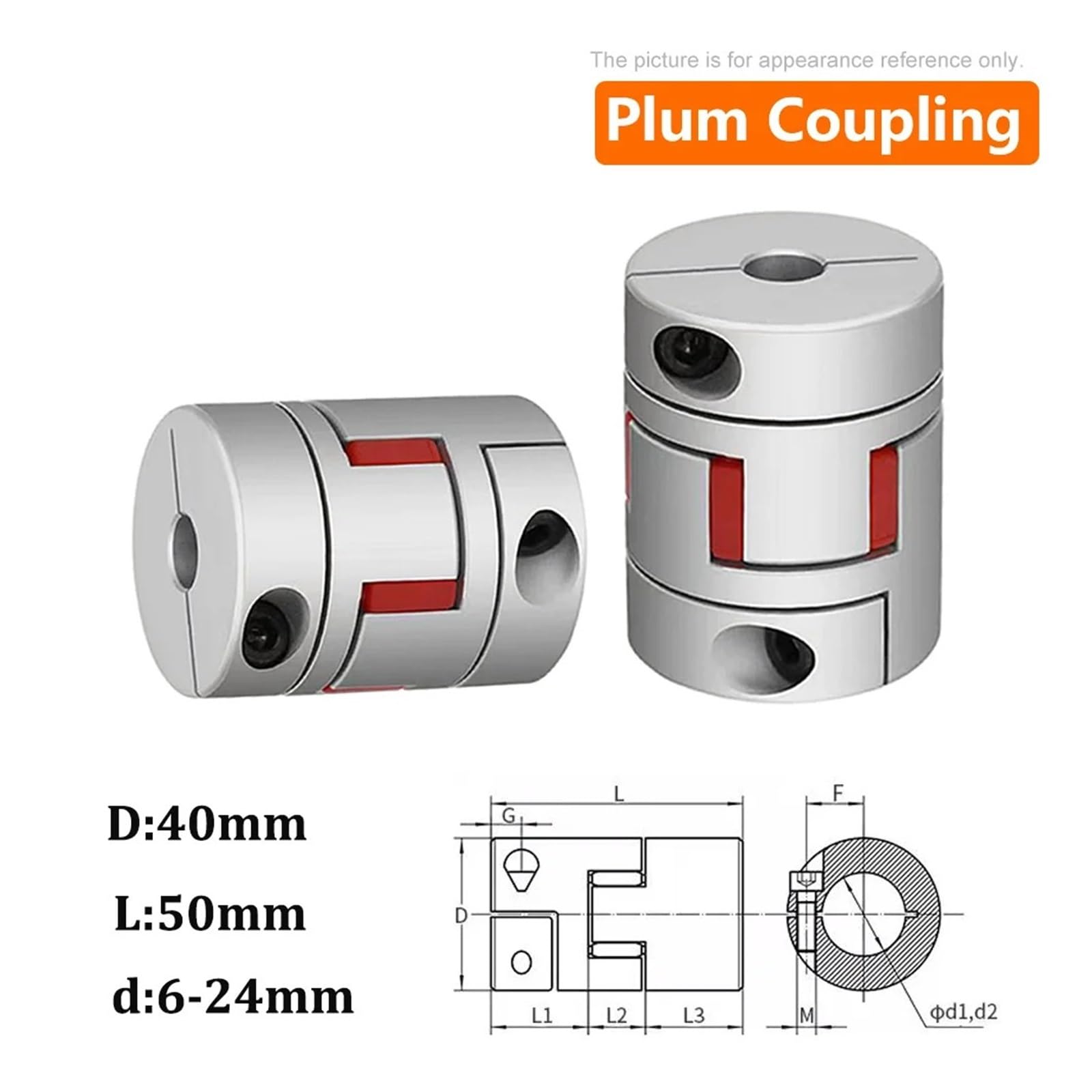 1 sztuka złączka śliwkowa elastyczny pająk moment obrotowy D40L50, rozmiar wału łącznika, sprzęgło szczękowe CNC 6mm-24mm (8x19)