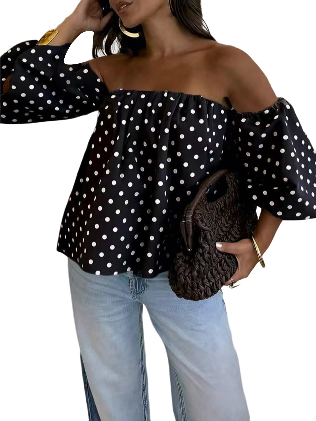 GORGLITTER Camicetta da donna con spalle scoperte, estiva, con motivo a pois, maniche a sbuffo, per il tempo libero