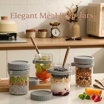 Overnight Oats Jar Breakfast Pots (12oz) – Glass Mason Jars with Lid & Spoon for Chia, Yogurt, Granola & Cereal Airtight Meal Prep Container with Measurement Mark Bundled with 500g Quaker Rolled Oats
