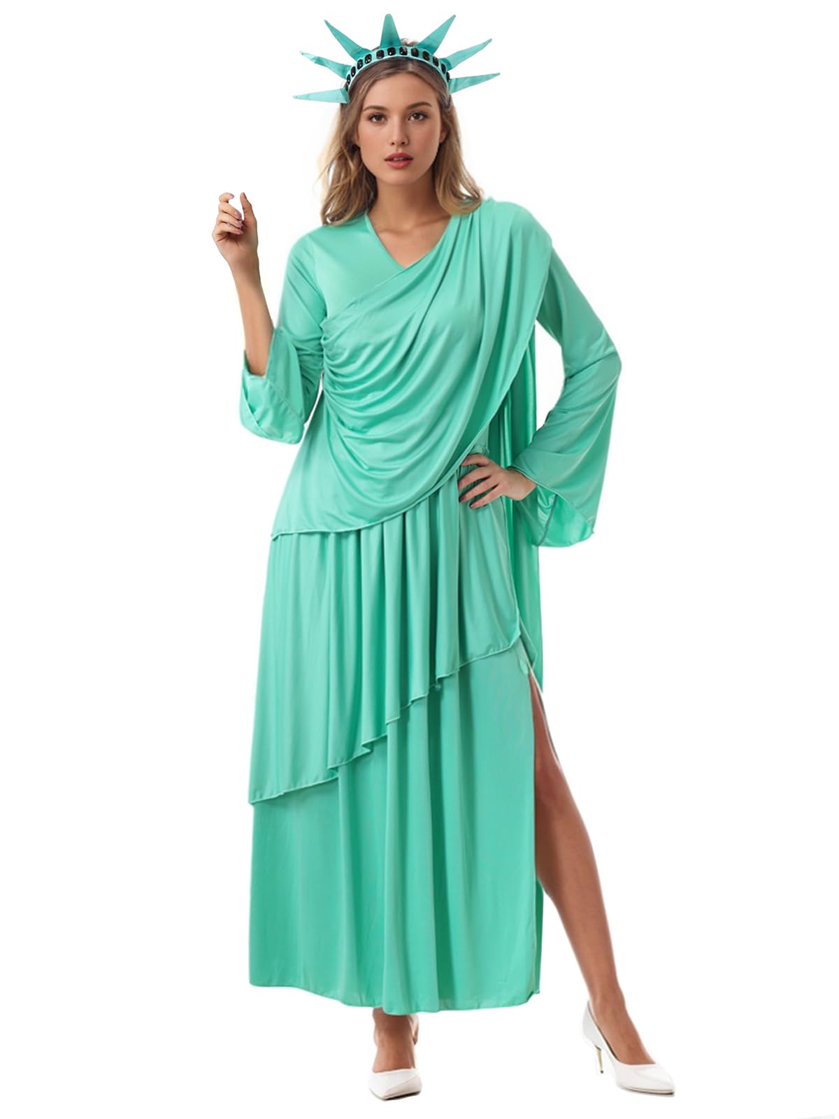 Women's Statue of Liberty Costume Lady Liberty Costume with Crown Adult Independence Day Halloween Party Outfit