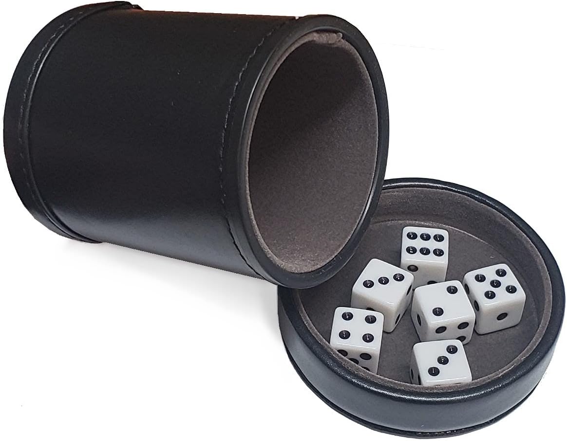 Black PU Leather Dice Cup, Dark Grey Premium Felt Lined with Removable Matching Lid Cover Tray, Plus (6) 16mm D6 White Dice Squared Corners