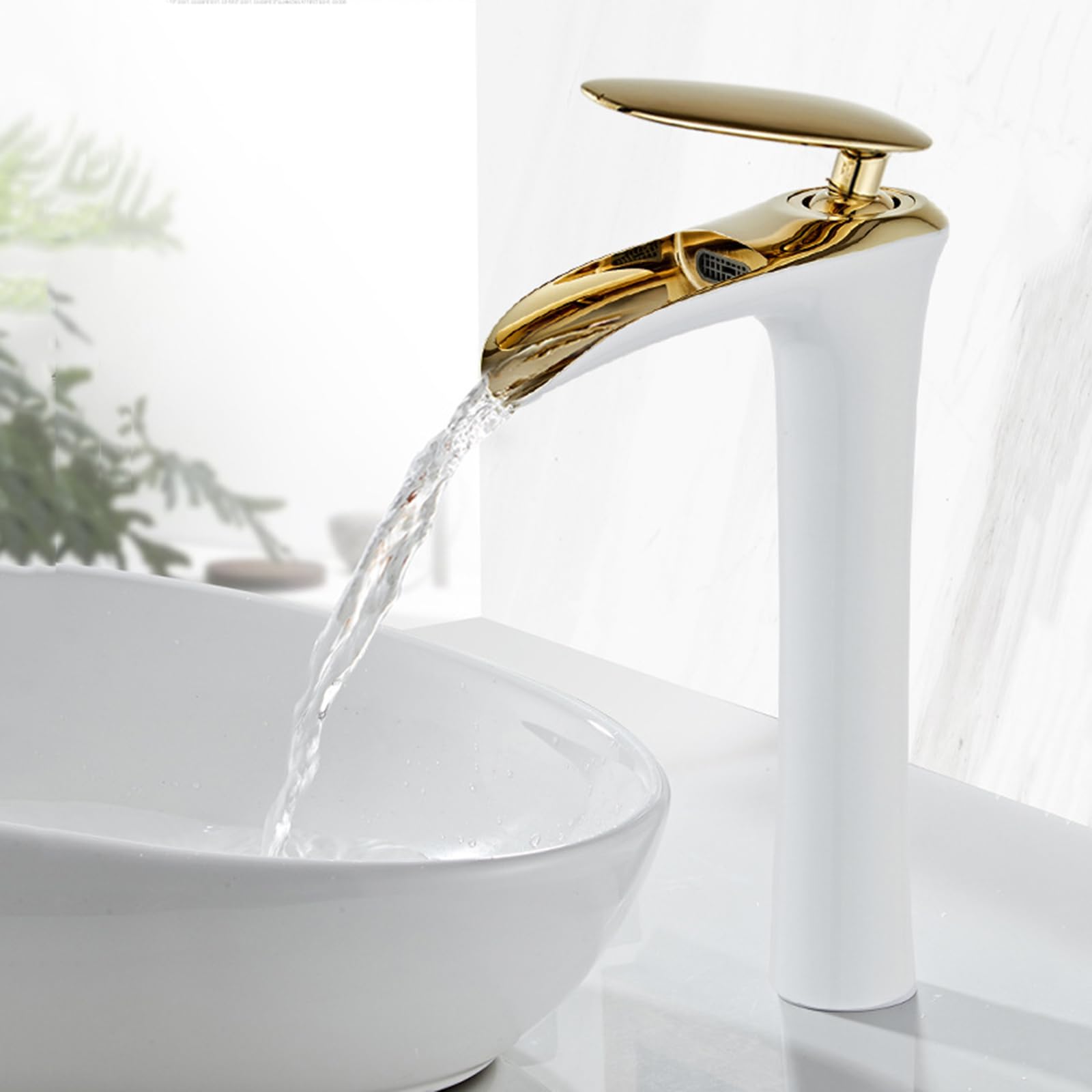 HCFYAUIS Tall Basin Taps Waterfall Single Lever Tall Taps for Countertop Basin G1/2 Waterfall Mixer,White+Gold