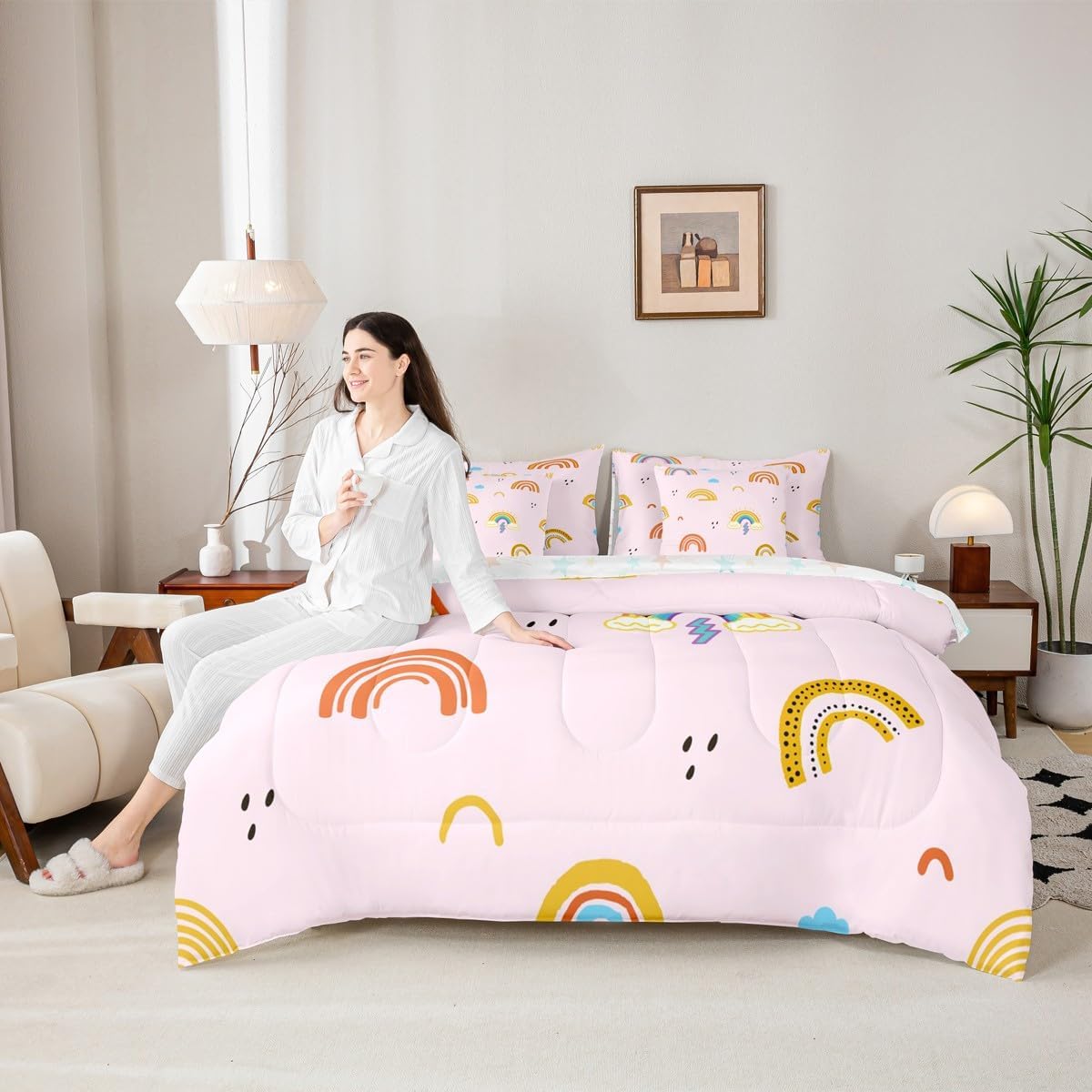 Erosebridal Rainbow Queen Comforter Set for Kids Kawaii Cartoon Cloud 7 Piece Bedding Set Girly Iridescent Bed in A Bag for Girls Teens Women Bedroom Hand Drawn Rainbow Bed Sets, Pink