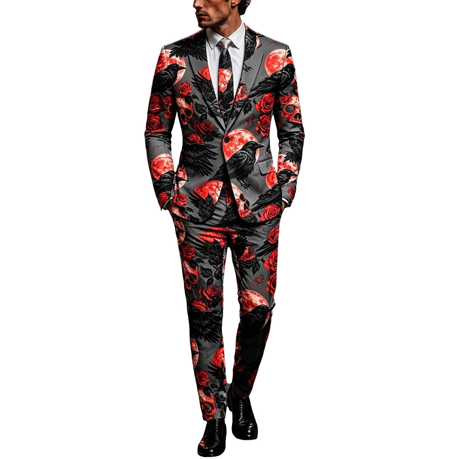 Generisch Slim Fit Herren Halloween Anzug 3 Teilig Elegant Mit Halloween-Print Herrenanzug Anzüge Jacke Stilvolle Sakko Krawatte Für Partys Veranstaltungen Blazer Mantel Festlich Kostüm