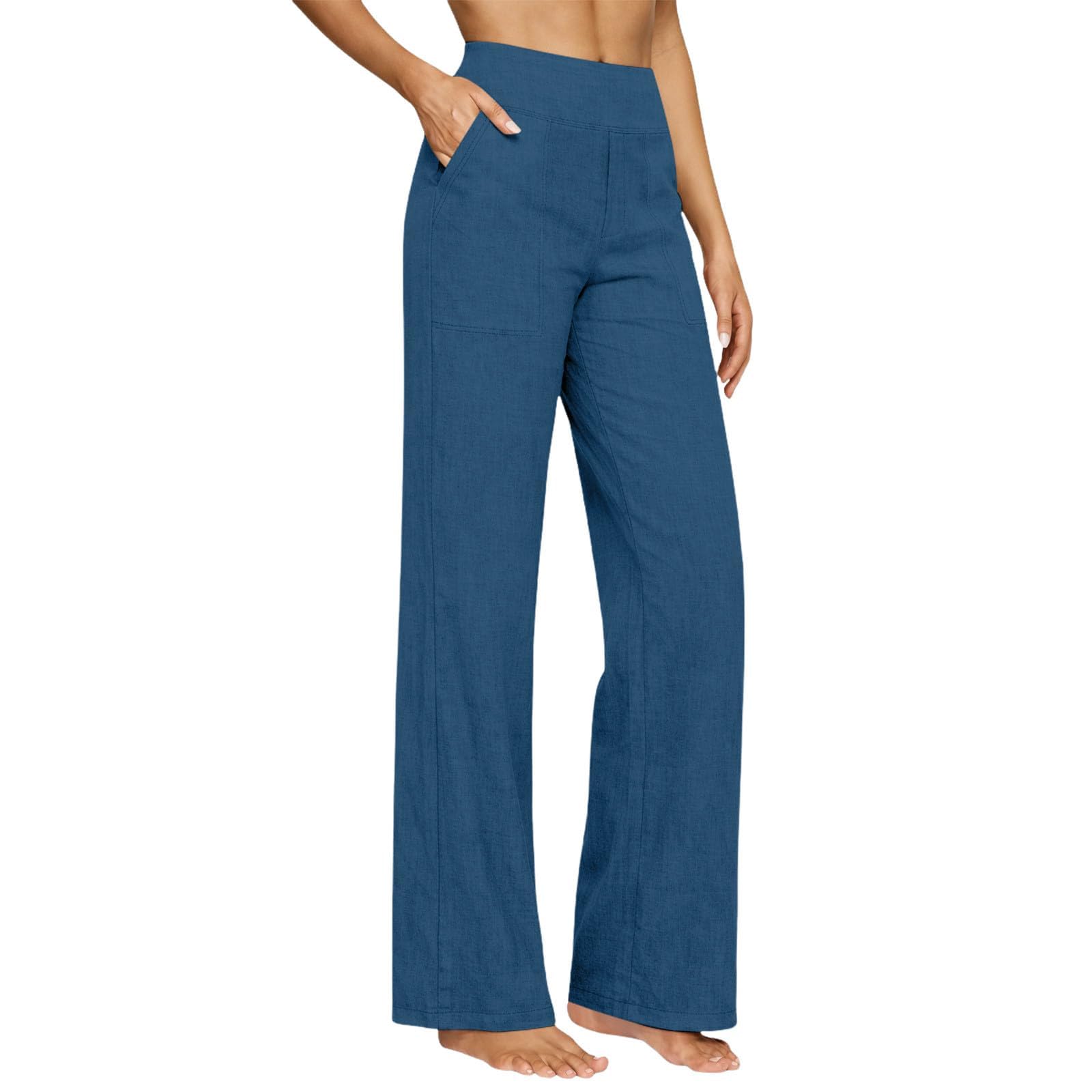 Generico Pantaloni Casual da Donna in Cotone e Lino – Gamba Larga, Vita Elastica, Ideali per Spiaggia, Vacanze e Relax – vestibilità Ampia e Leggera (Royal Blue,M)