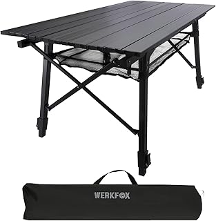 Mesa de Camping Plegable Multifuncional con Altura Ajustable y Tablero Enrollable (90x51cm), Bolsa de Transporte, Carga hasta 30kg