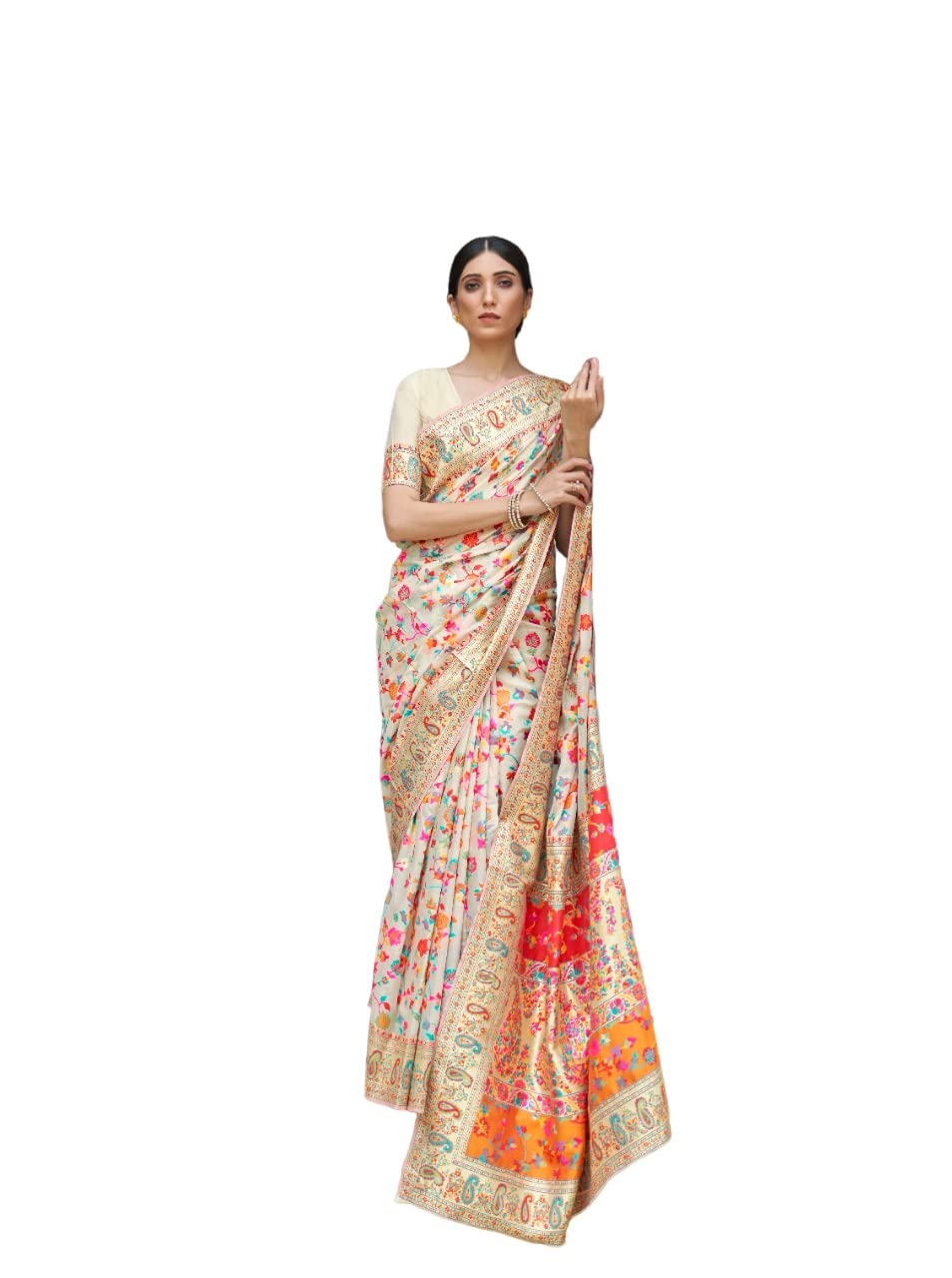 GenericZUVAANYA Women's Kanjivaram Soft Silk Saree With Blouse Piece (White) 6.3metres