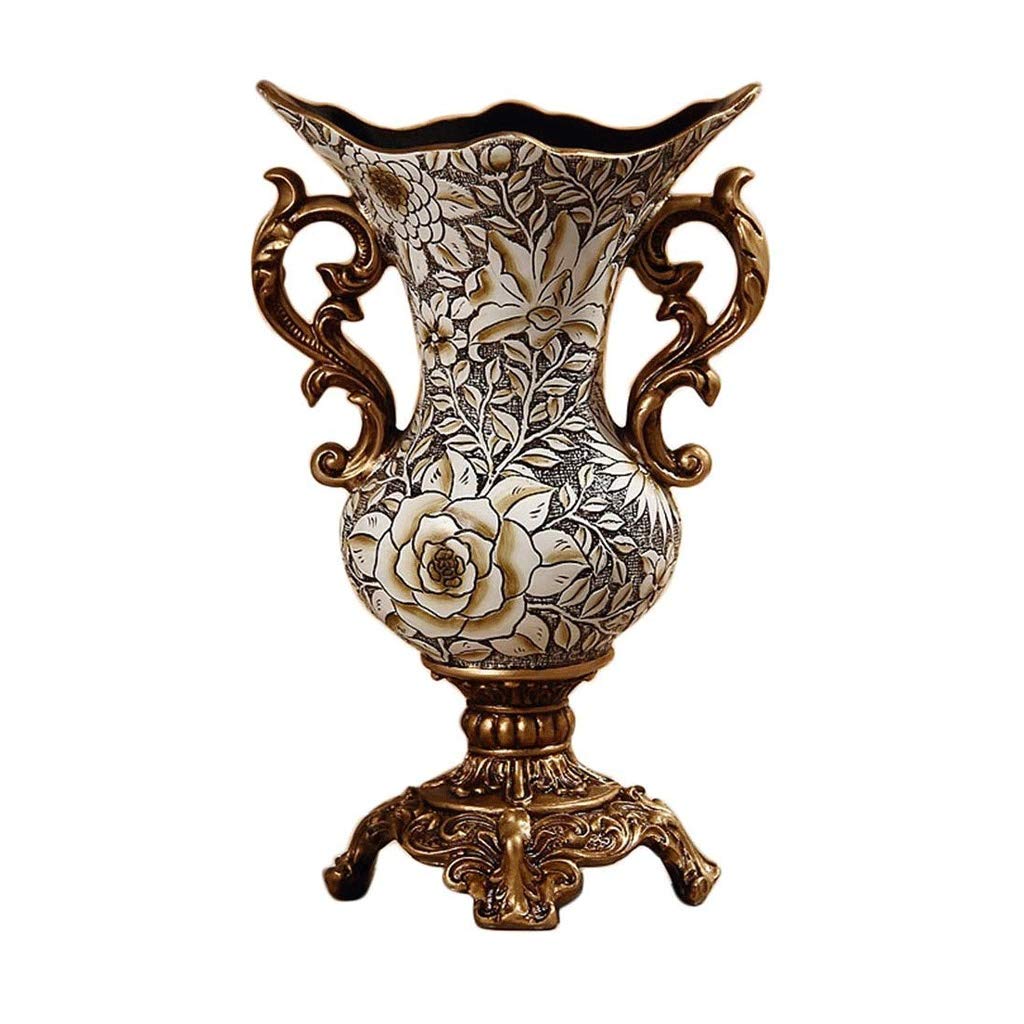 SnamicE European Style Retro Art Vase Living Room Dining Table Bedroom Decoration High Feet Binaural Large Vase Flower Arrangement Resin Decoration,