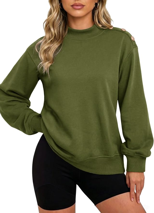 Dokotoo Women’s Mock Neck Sweatshirts Shoulder Button Pullover Fall Outfits | Long Sleeve, Solid Color, Comfy Tops, Daily Casual, Fashion Clothing, Lounge Wear, Work Office, 2026 Winter Clothes