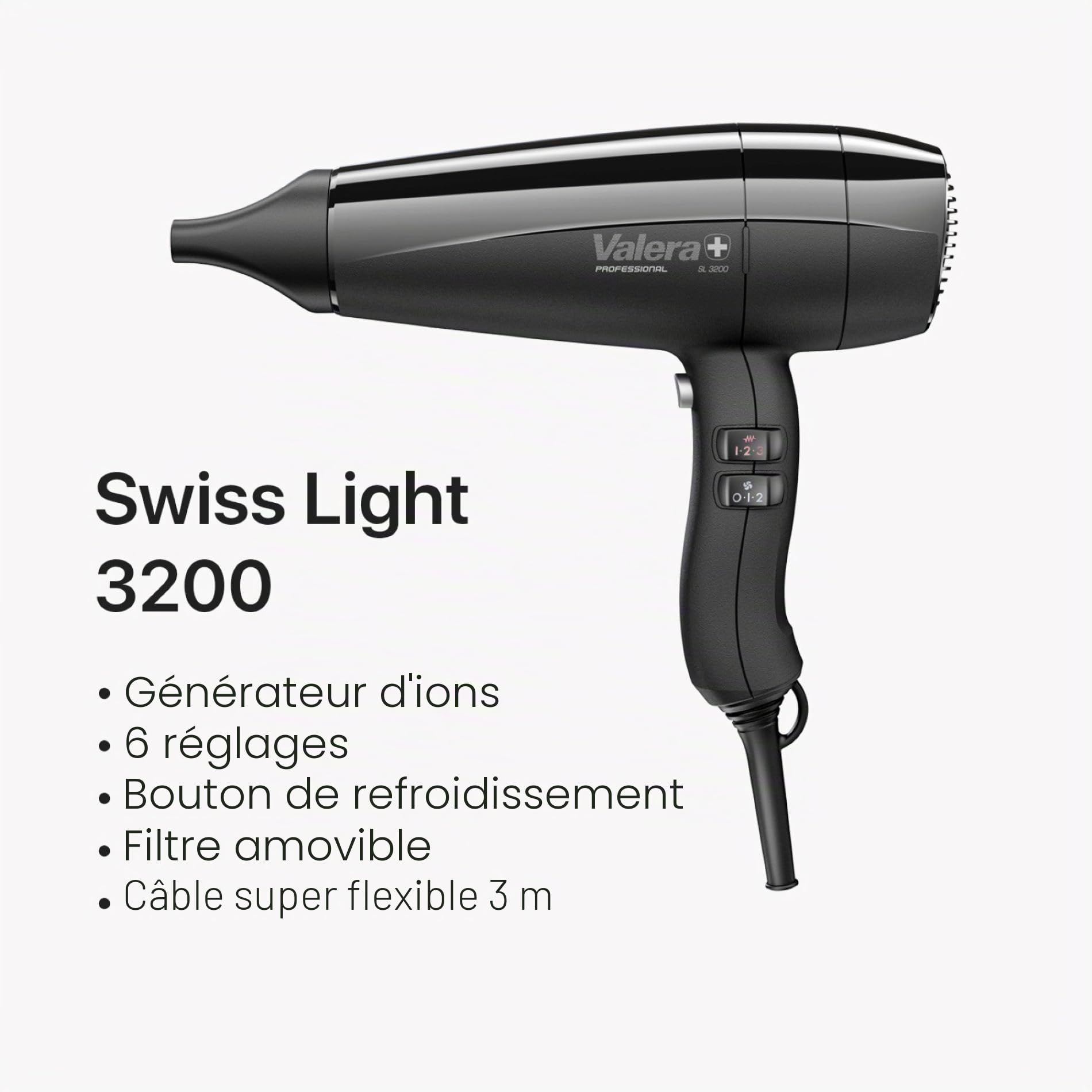 Valera, Swiss Light 3200 Sèche-cheveux professionnel léger avec 3 niveaux de température et bouton de refroidissement, filtre amovible, câble Super Flex, 1600 W, fabriqué en Suisse