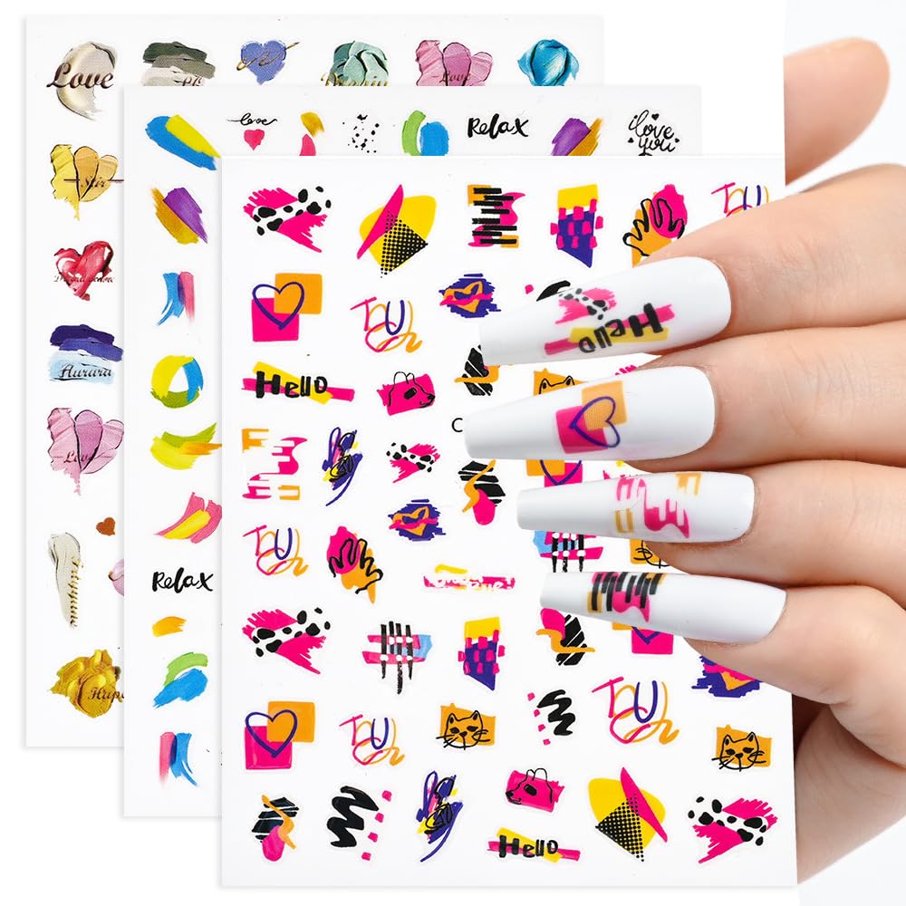 Abstract Nail Art Stickers Graffiti Nail Design 3D Self Adhesive Abstract Nail Art Supply Abstract Graffiti Geometric Swirls Nail Stickers for Women Girls DIY Manicure Abstract Nail Art Decoration