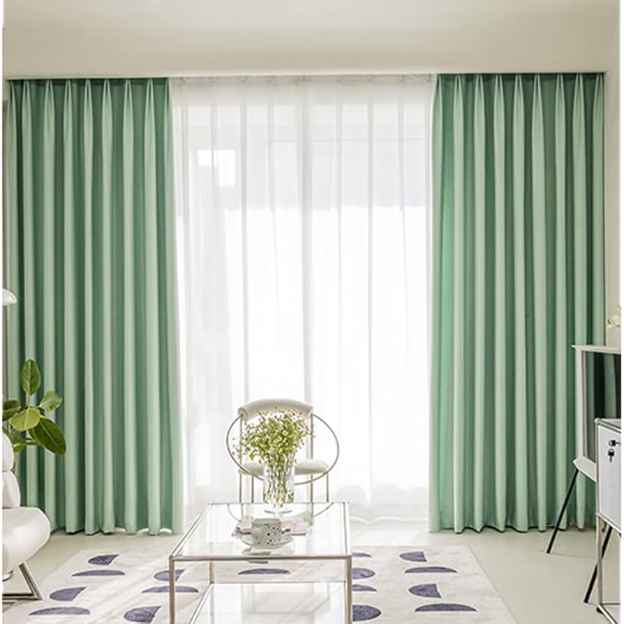 遮光カーテン　カルダモングリーン　2枚　レースカーテン　無地　2枚 Amazon｜Hansleep カーテン 1級遮光 4枚セット 幅100cm丈200cm