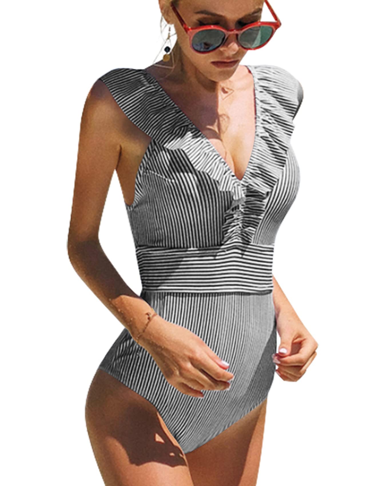 heekpek Conjuntos de Bikinis Traje De Baño Rayas de Una Pieza Bañador para Mujer Push Up Bikini Volante Fruncido V para Saco Tanga De Cintura Baja Adecuado Viajes Playa Swimsuit