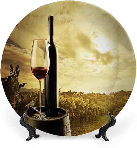 Miniatura 17 de Platos decorativos, adorno con estampado de vino, vino sabroso en barril de madera en plantación de uva, 6 pulgadas, 1 plato con 1 soporte