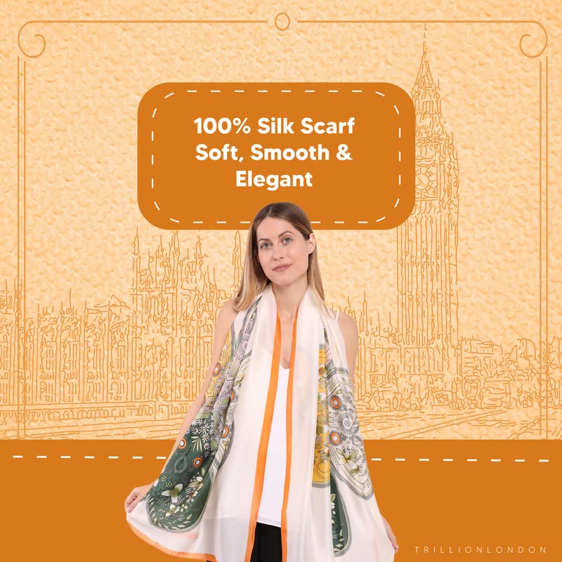 Image of Trillion London Spring Collection | Designer Silk Scarf For Women UK | Lightweight Neck Scarves | Shawl Wraps | Suitable for Daily Life | Smooth & Soft Finish | Gift for Women | Size-180cm x 90cm