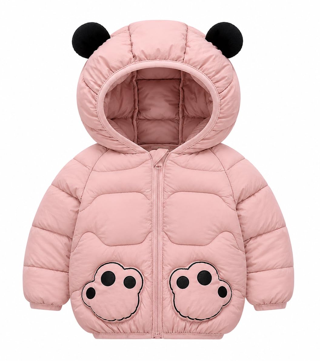Bold N Elegant Cartoon Bear Kids Shiny Sparkling Standard Length Quilted Winter Warm Hood Jacket Coat Bomber Puffer Jacket for Boys Girls Kids (6-12 Months, Pink) 2