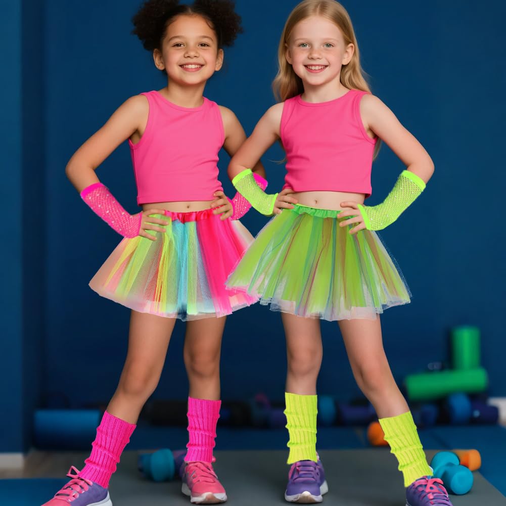 80s Fancy Dress for Kids Rockstar Costume 80s Outfits Kids Neon Tutu Set Girls Leg Warmers Fishnets Gloves and Fancy Dress Tutu for 1980s Theme Party Disco Party Costume Carnival Gathering (Green) - Image 2