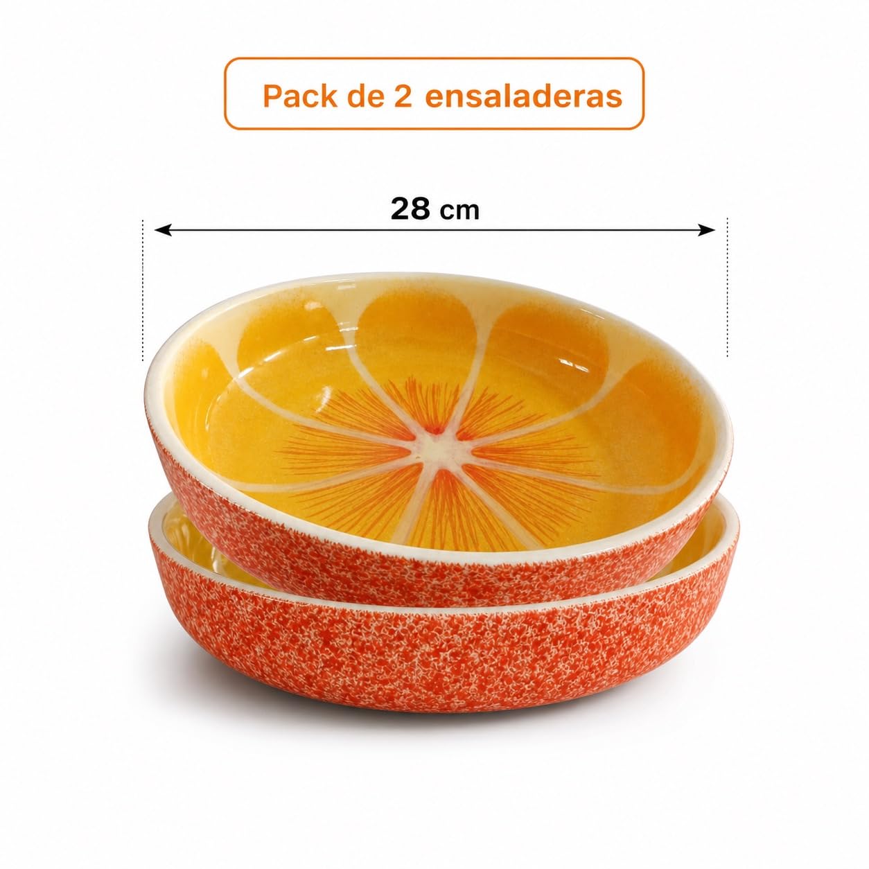Ensaladera Naranja cerámica pack de 2, bowls grandes 28 cm para ensaladas, fruta y mesa mediterránea