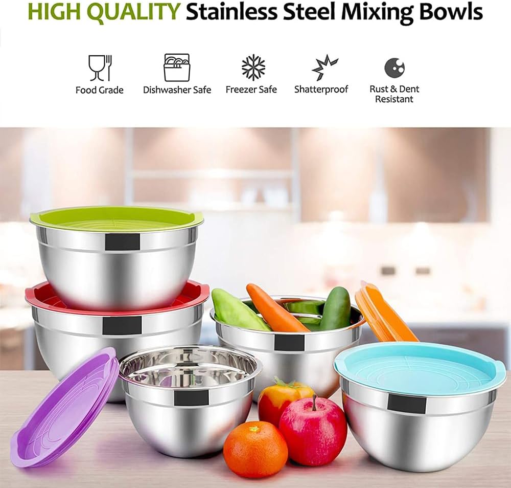 Mixing Bowls with Lids Set of 5, Vesteel Stainless Steel Mixing Bowls Metal Nesting Salad Bowls, Size 4.5, 3, 1.5, 1, 0.7 QT Great for Cooking, Baking, Serving - Multi-Color