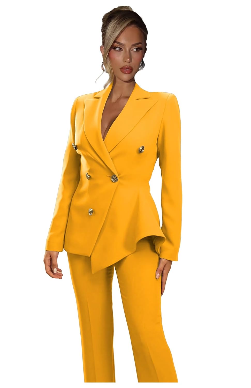 Fashion Suits for Women 2 Piece Peak Lapel 5 Button Long Sleeves Womens Suits for Business Long Sleeves