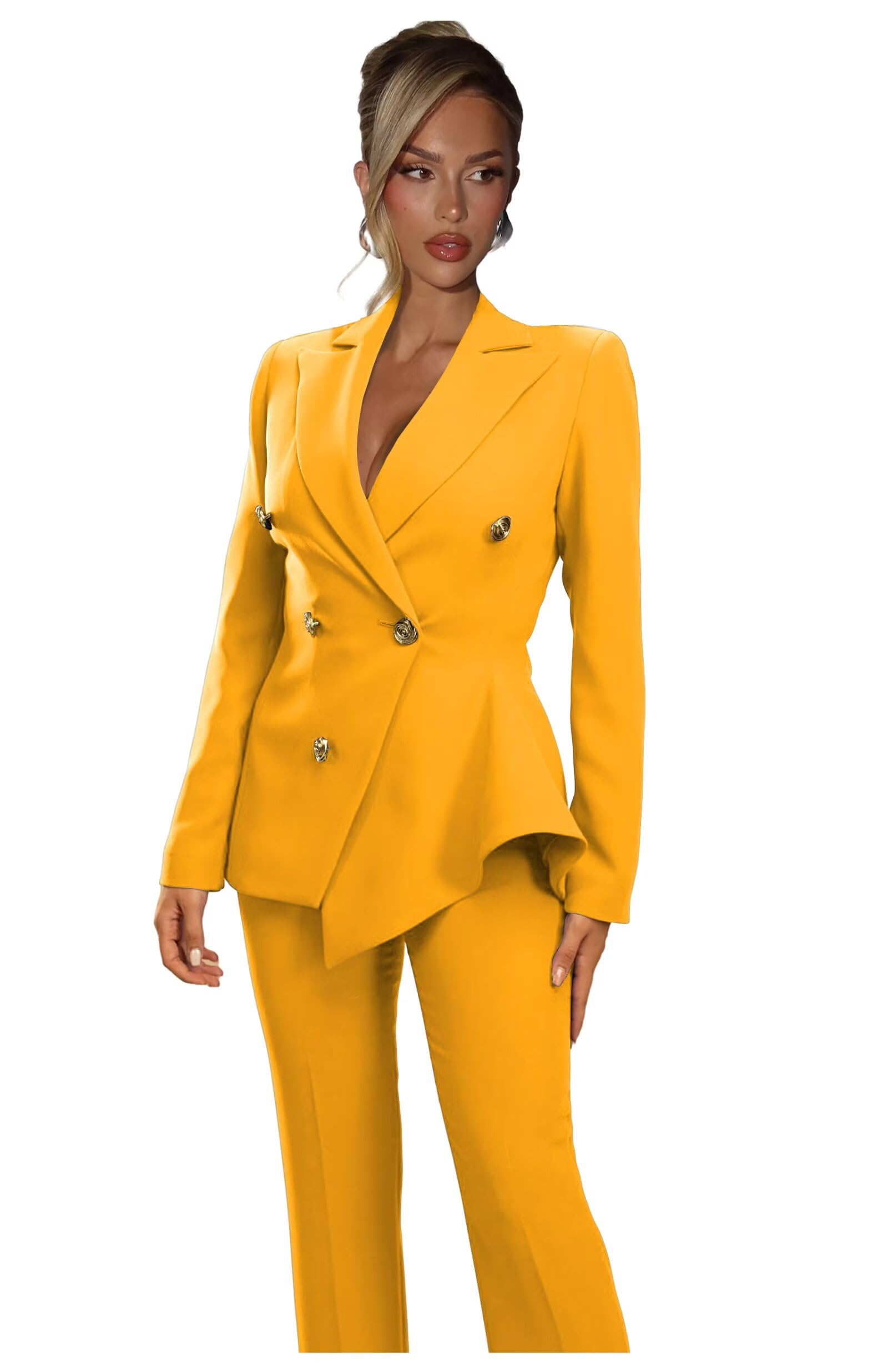 Fashion Suits for Women 2 Piece Peak Lapel 5 Button Long Sleeves Womens Suits for Business Long Sleeves