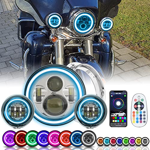 Sunpie Compatible With H_Arley Motorcycles 7 Inch Rgbw Halo Led Headlight Bulb Silver+4-1/2 Inch Rgbw Fog Lights With Mounting Bracket Waterproof App Remote Control Custom Colors Voice/Music Mode #TOP7