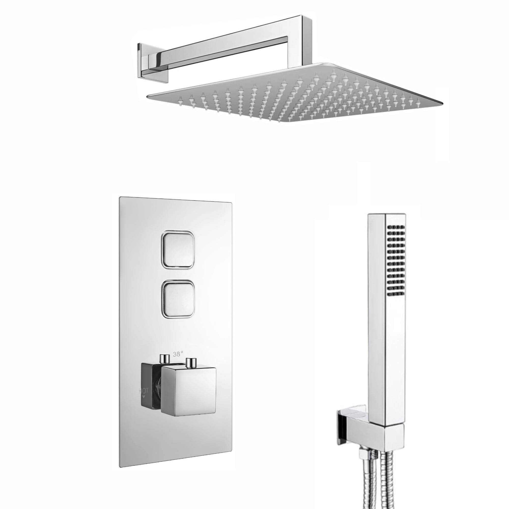 Enki Chrome Spello, Sh0056, Square Thermostatic Concealed Push Button Shower Set, Wall Mounted Ultra Slim Shower & Handset Kit,
