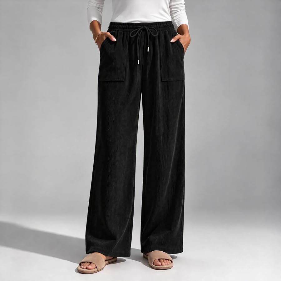 Hosen Damen Cordhose Weites Bein Cord Jogginghose Herbst Winter Damenhosen | Guhmomh Schwarz L Sporthose Freizeithose Elegante Stoffhose Warm Freizeithose Bequeme Arbeitshose Lockere Joggpants Lang Hose, Bild 5