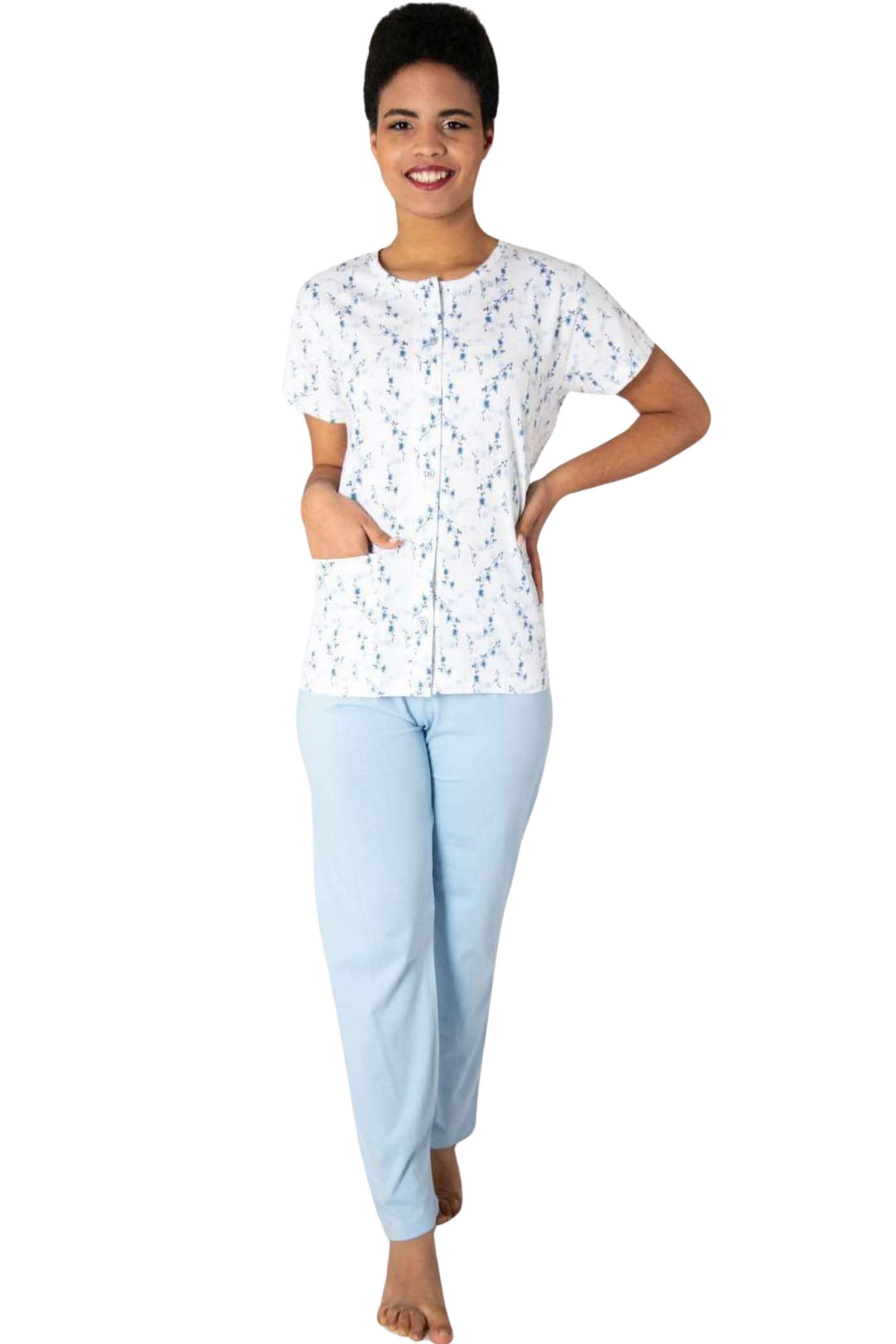 Leo Corsetteria Pigiama Donna Classico Tutto Aperto con Bottoni Tasca Cotone Mezza Manica Pantalone Lungo
