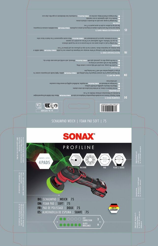 SONAX PROFILINE ExzenterPad weich 75 (1 Stück) Weicher, sehr feinporiger Polierschwamm zum Finishpolieren von empfindlichen Lacken | Art-No. 04926000