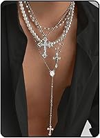 TMDSHS Silver Layered Cross Necklace Set for Women - 4PCS Pearl Rosary Choker Chunky Christian Y Pendant Boho Gothic Adjustable Jewelry