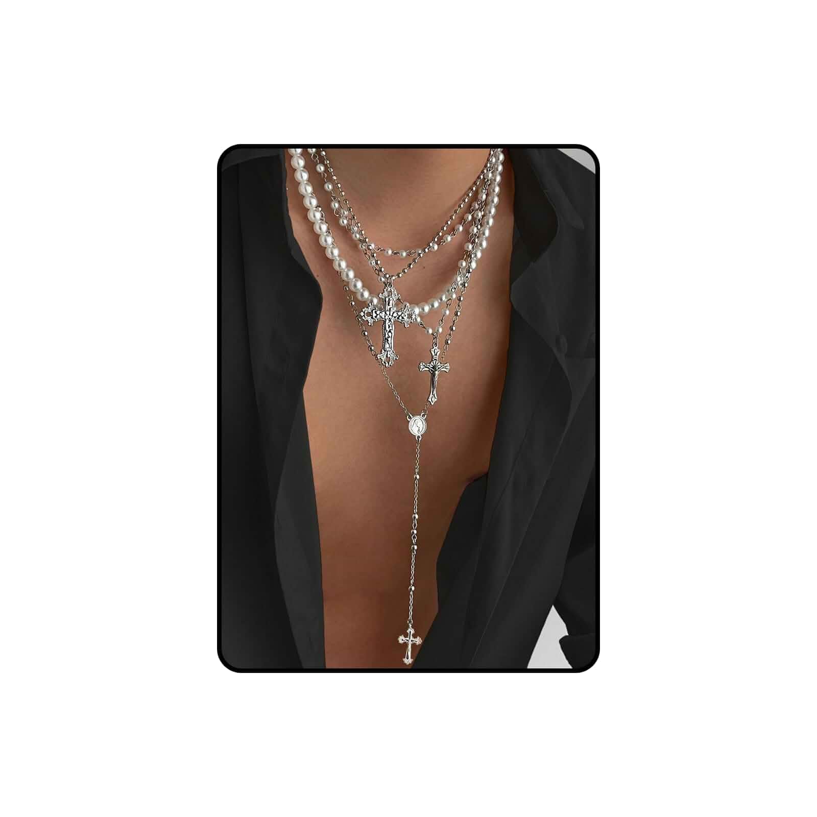 Silver Layered Cross Necklace Set For Women, 4Pcs Pearl Rosary Choker Chunky Christian Pendant Vintage Long Y Gold Necklace Stack Religious Statement Boho Gothic Adjustable Jewelry Gift