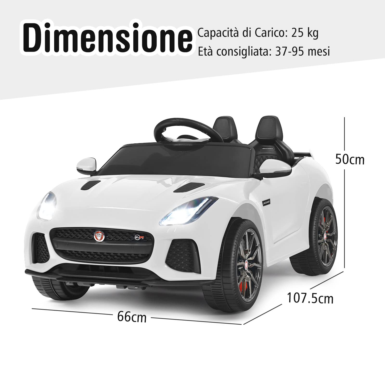 RELAX4LIFE Macchina Elettrica Jaguar F per Bambini 12V, con Telecomando 2.4G e Musica, USB, Luci LED e Clacson, 2 Portiere Apribili, 3 Anni+,107,5 x 66 x 50 cm(BIANCO)