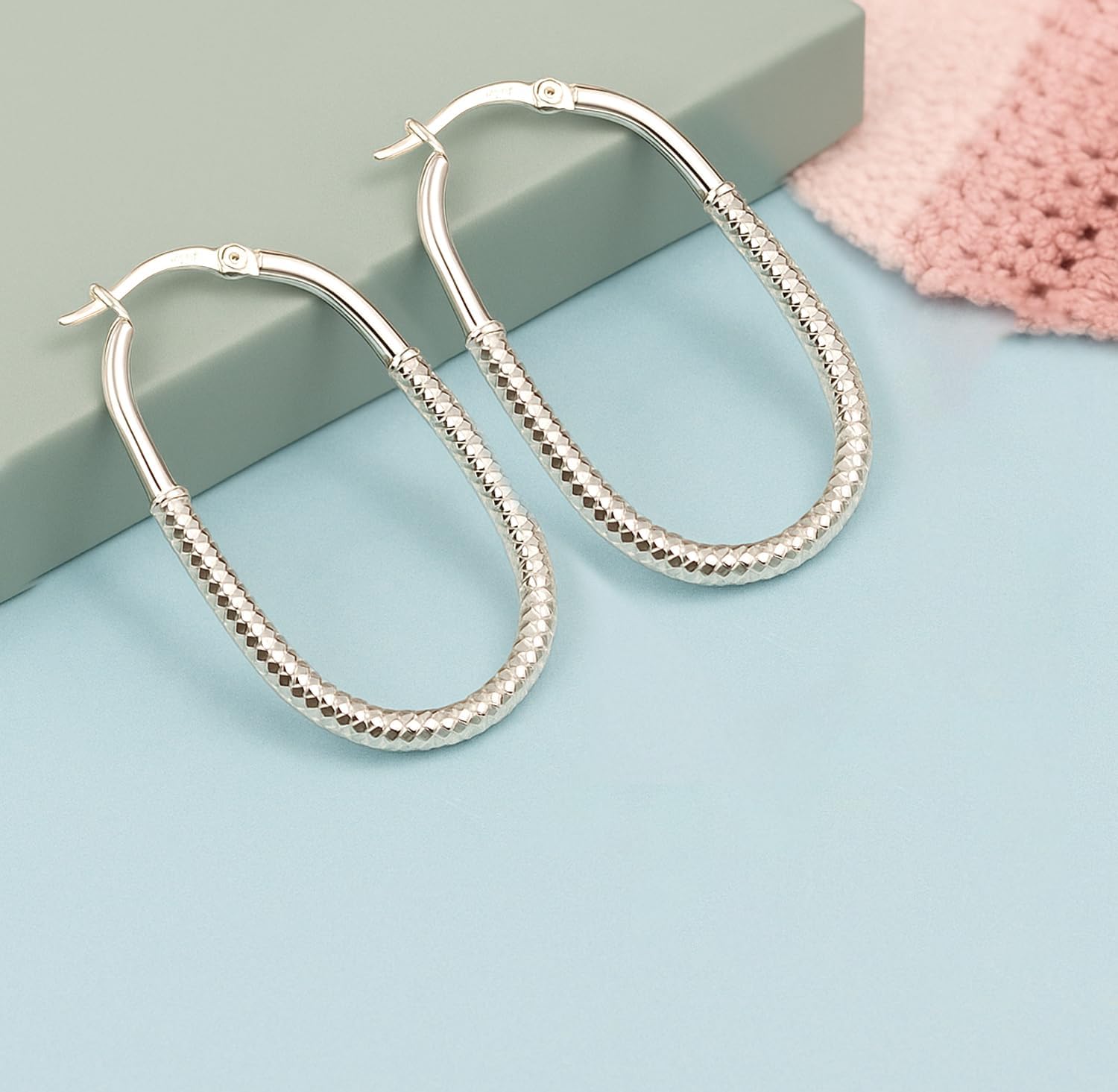 LeCalla 925 Sterling Silver Chunky Hoop Earrings for Women | Large Rectangle Shaped Earring Hoops | Handmade Classic Oval Textured Click-Top Big Hoops Earring for Women Gifts - Image 3