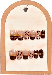 أظافر تركيب قابلة للضغط بتصميم أزهار، لون وردي عاري مع زخارف فضية وذهبية، 24 قطعة، متوسطة الطول، قابلة لإعادة الاستخدام