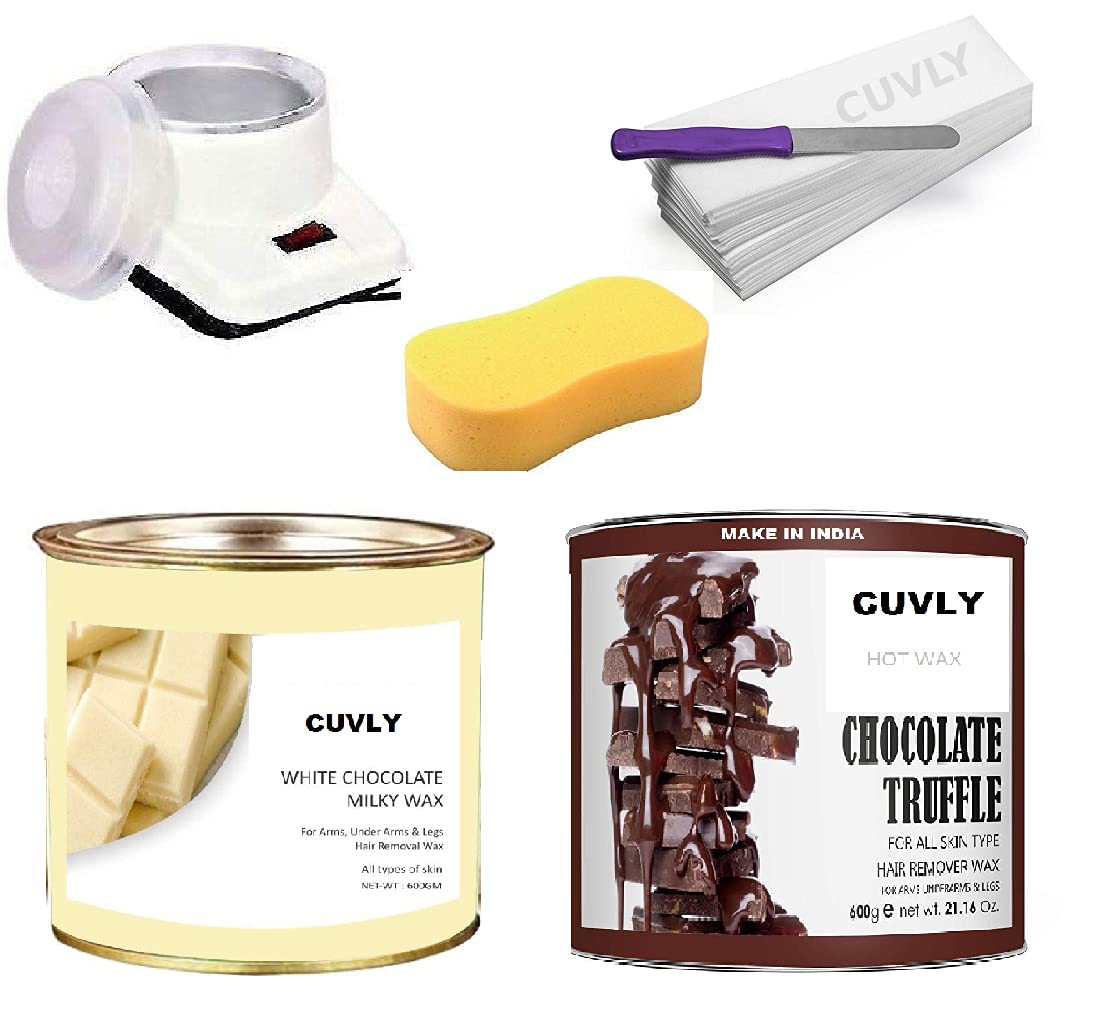 Wax heater Waxing Kit Combo Wax Machine, Wax Heater, Chocolate Wax - 600 g, White Chocolate Wax - 600 g, Wax Strips 70 pc, Wax Spatula (Knife), Cleaning Sponge (Pack of 6) Unisex Adult
