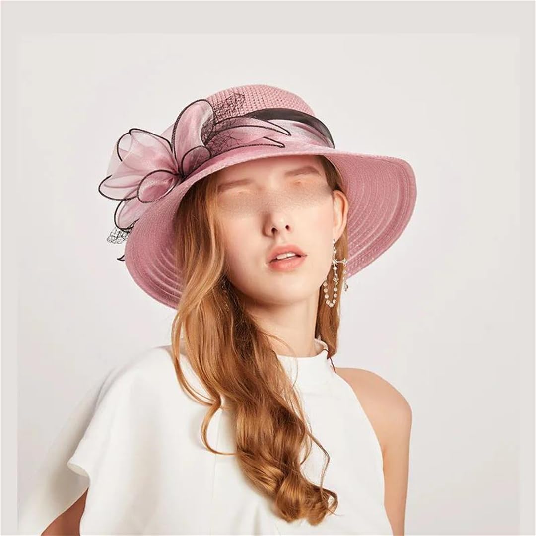 Yeuyyben Cappello estivo da donna in organza con fiore in rete, cappello estivo per vacanze e spiaggia, cappello da sole a tesa larga, cappello da sole Sombreros